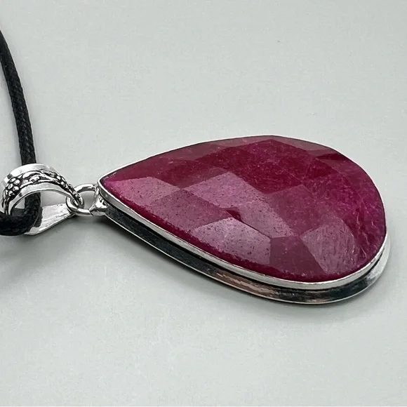 New Faceted Enhanced Ruby Stone Silver Overlay Pendant with Cord - Picture 3 of 5